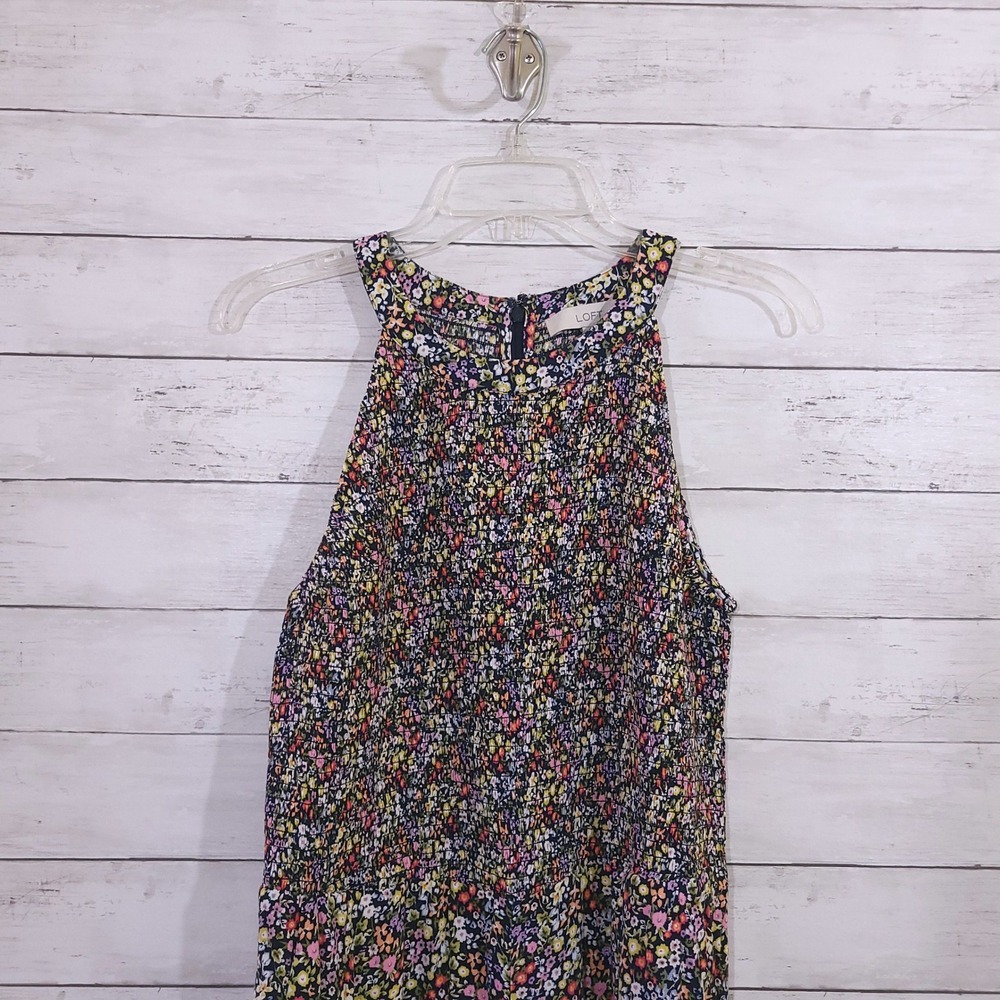 LOFT Women Floral Smocked Wide Leg Jumpsuit Size 8 Sleeveless Halter Multi-Color - Picture 2 of 10